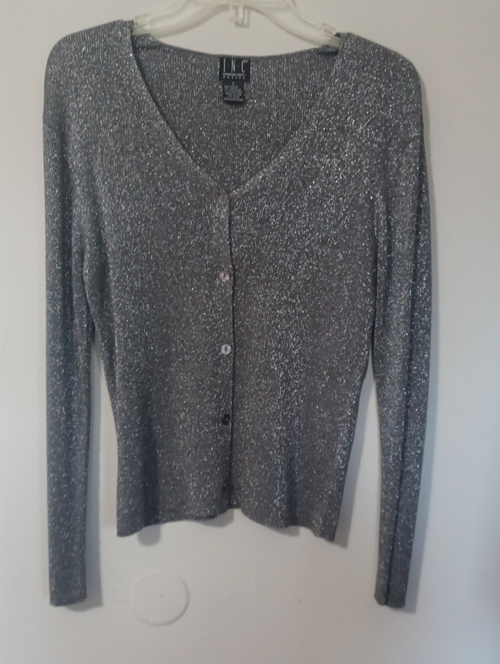 INC International Concepts Silver Metallic V-Neck Cardigan Sweater. NWOT. Size S